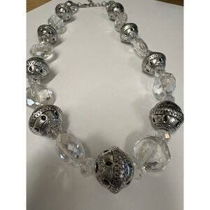 Clear Faceted Glass Bead Silver Tone Chunky Bead Necklace Adjustable Statement!
